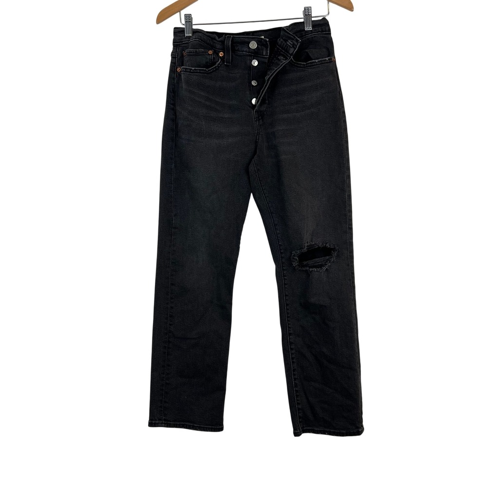 Levis 501 Original Fit Women Black 30 Distressed Button Fly Straight Jeans 29x27